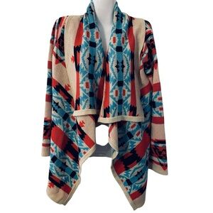 Moon Collection Los Angeles Southwestern Open Front Cardigan Coral Turquoise S
